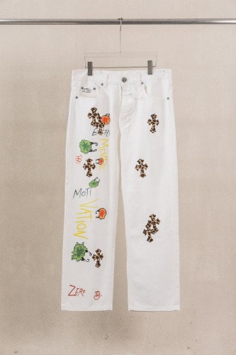 Chrome Hearts Unisex Fashion Versatile Graffiti Leather Cross Wash Casual Jeans