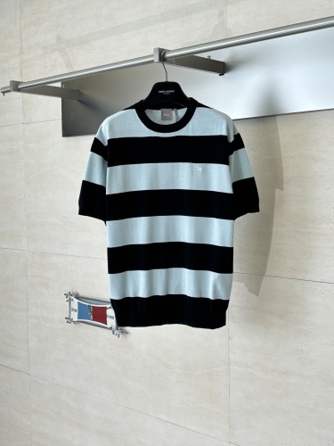 Dior Fashion Black and Blue Stripe Embroidered Logo Round Neck Knitted Short Sleeve