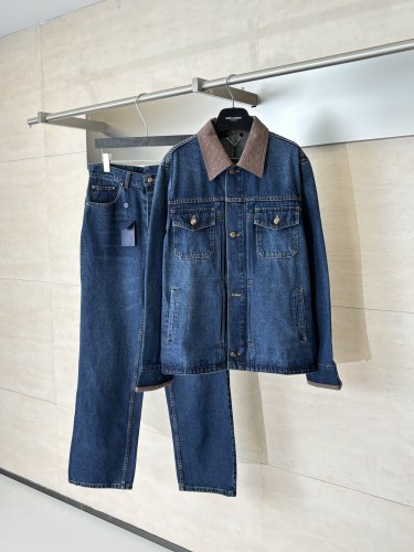 Louis Vuitton Fashion Leather Splicing Collar Denim Jacket Coat Jeans