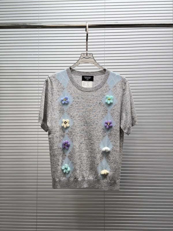 Chanel 26SS Women's Fashion 3D Camellia Short Sleeve Knitted Shirt