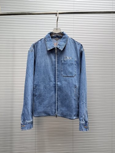 Dior Classic Embroidered Logo Zipper Washed Denim Coat Pants