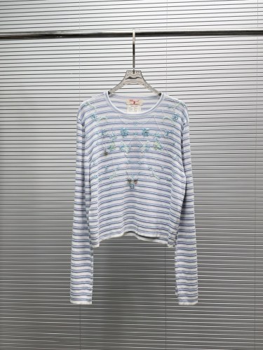 Chanel Women's Fashion Heavy duty Bead String Versatile Striped Long Sleeve Knitted Shirt