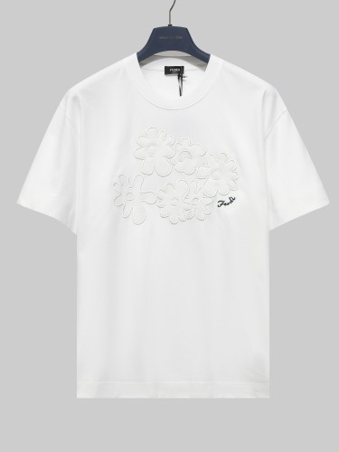 Fendi Fashion Embroidery Flower Round Neck T-shirt Couple Versatile Loose Short Sleeve