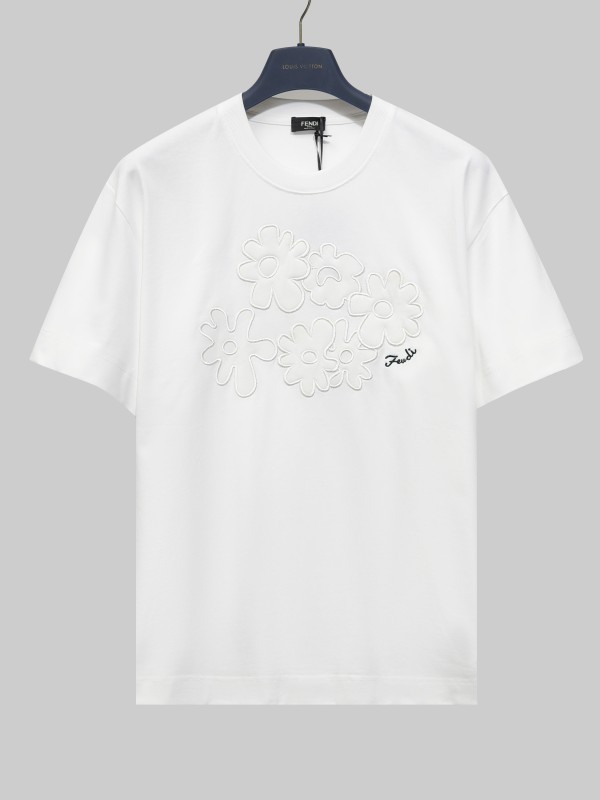 Fendi Fashion Embroidery Flower Round Neck T-shirt Couple Versatile Loose Short Sleeve