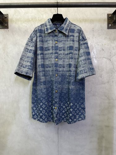 Louis Vuitton 26SS Fashion Checkered Logo Jacquard Washed Short Sleeve Denim Shirt