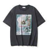 Off White Fashion Flower Logo Printed T-shirt Couple Casual Loose Washed Short Sleeve