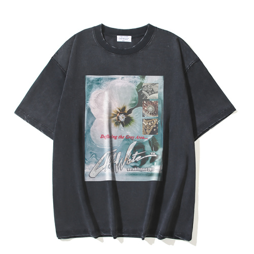 Off White Fashion Flower Logo Printed T-shirt Couple Casual Loose Washed Short Sleeve