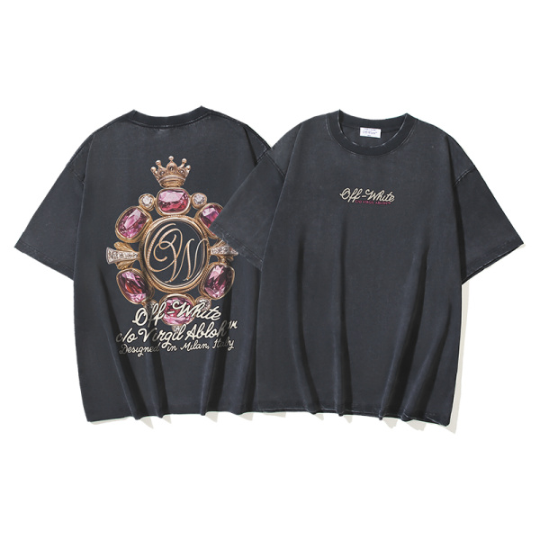 Off White Fashion Crown Jewel Printed T-shirt Unisex Casual Loose Washed Short Sleeves