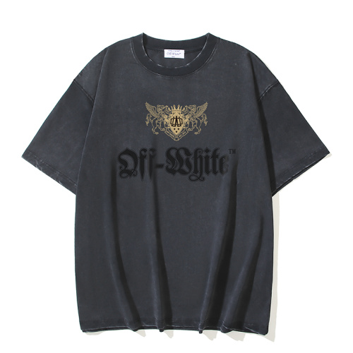 Off White Classic Sanskrit Letter Printed T-shirt Couple Casual Washed Short Sleeve