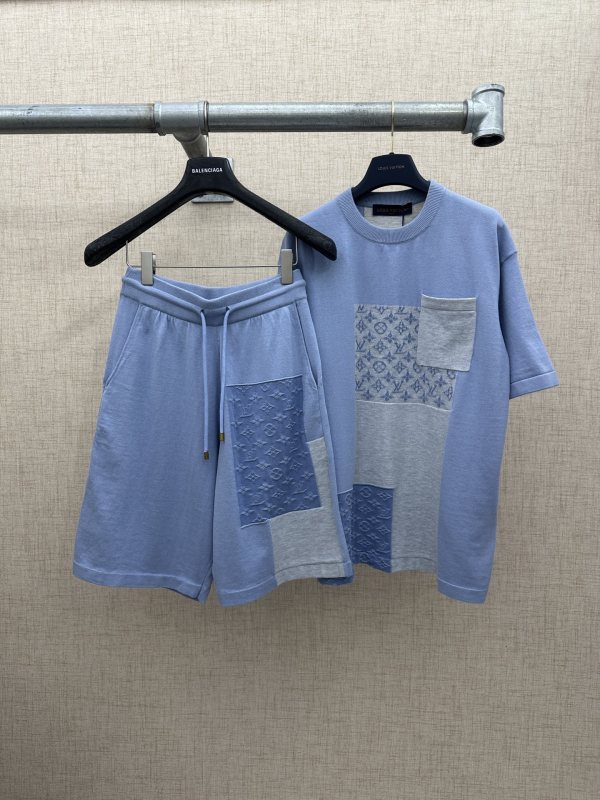 Louis Vuitton Fashion Splicing Short Sleeve Round Neck Knitted Shirt Set