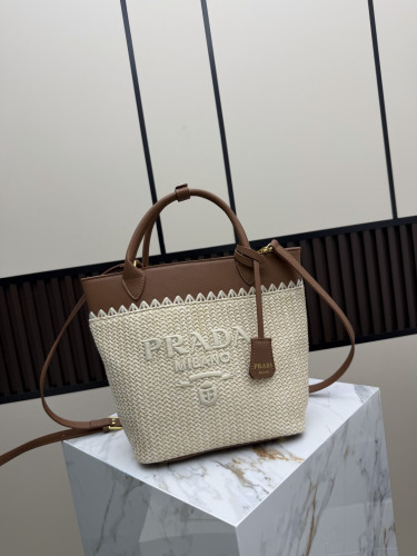 Prada Fashion Embroidery Logo Straw Woven Bag Handbag Shoulder Bag Size: 30 × 24 × 11 CM