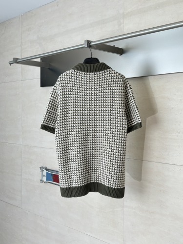 Louis Vuitton Fashion Olive Green Thousand Bird Grid Knitted Short Sleeve Polo Shirt
