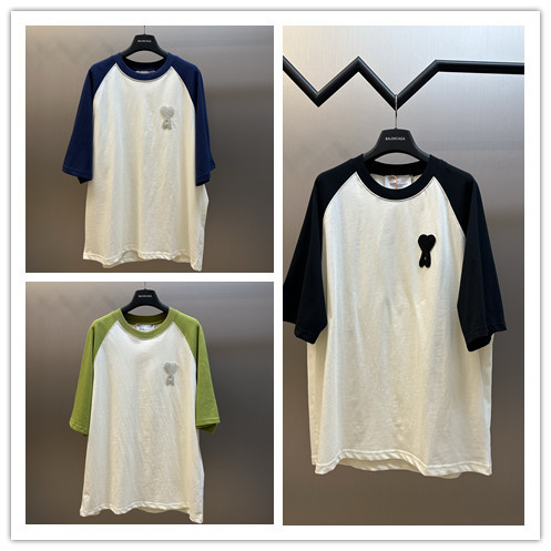 Ami Paris Fashion Love Embroidered Splicing Short Sleeve Couple Casual Loose T-shirt