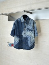 Louis Vuitton Fashion Full Logo Printed Washed Casual Short sleeved Denim Shirt Louis Vuitton Fashion Full Logo Printed Washed Casual Short sleeved Denim Shirt