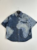 Louis Vuitton Fashion Full Logo Printed Washed Casual Short sleeved Denim Shirt