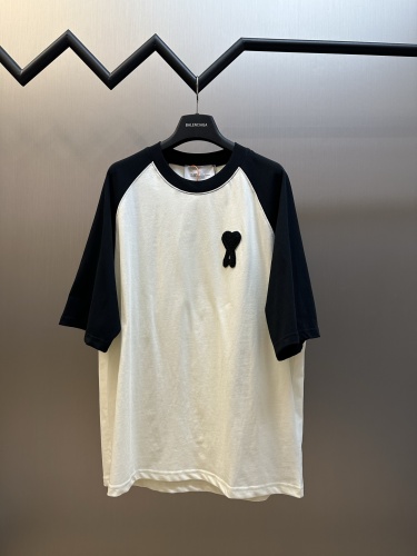 Ami Paris Fashion Love Embroidered Splicing Short Sleeve Couple Casual Loose T-shirt