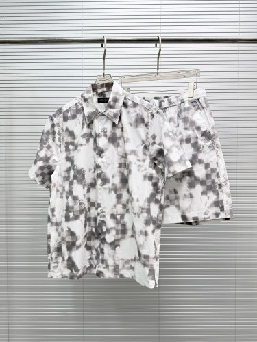 Louis Vuitton Couple Fashion Black and White Pixel Dyeing Printed Shirt Short Sleeve Set