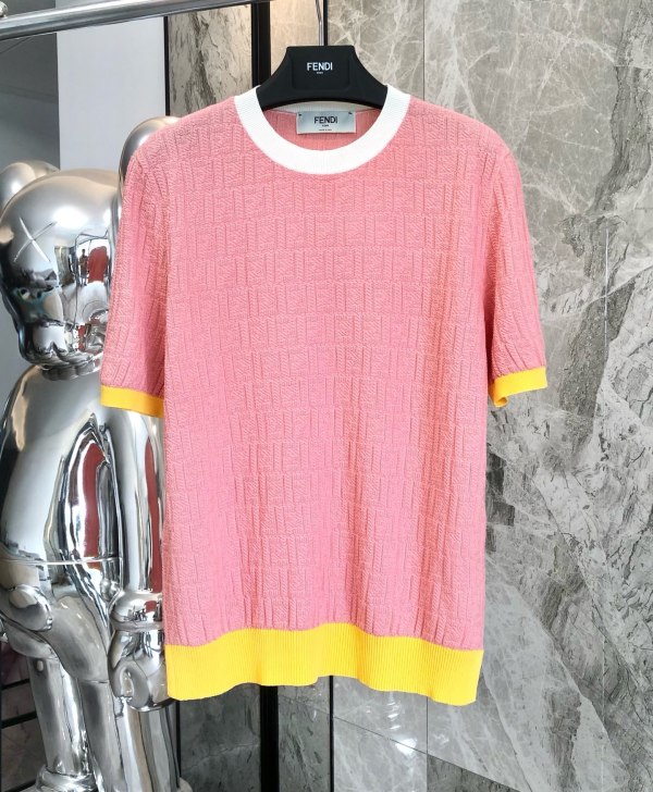 Fendi 26SS Fashion Versatile Full Logo Jacquard Round Neck Short Sleeve