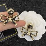 Chanel Fashion Retro Black Gold Bow Earrings