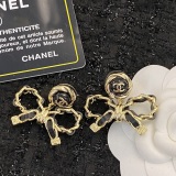 Chanel Fashion Retro Black Gold Bow Earrings