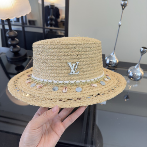 Louis Vuitton Fashion Versatile Flat Top Straw Hat Beach Sunshade Hat