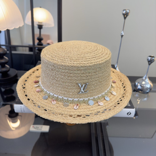 Louis Vuitton Fashion Versatile Flat Top Straw Hat Beach Sunshade Hat
