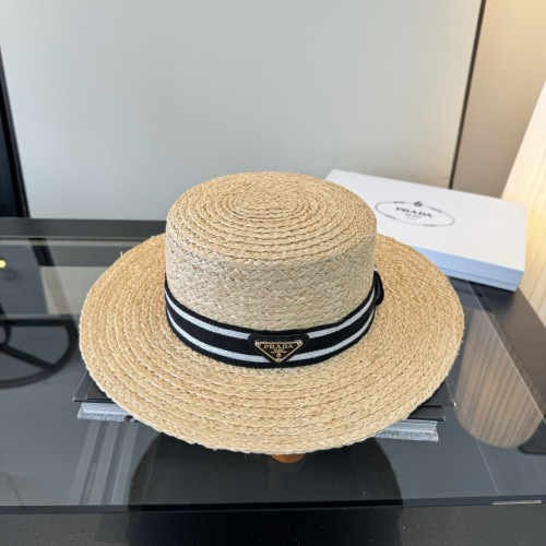 Prada Fashion Versatile Sunshade Flat Top Straw Hat 57CM