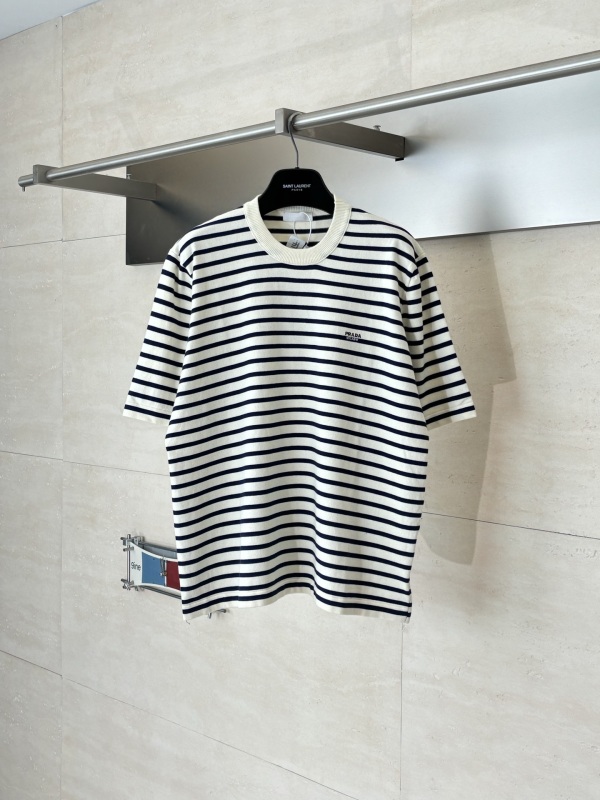 Prada 26SS Classic Embroidered Logo Striped Knitted Short Sleeve T-shirt