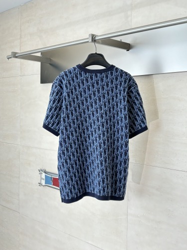 Dior Fashion Blue Logo Jacquard Round Neck Short Sleeve Knitted Shirt