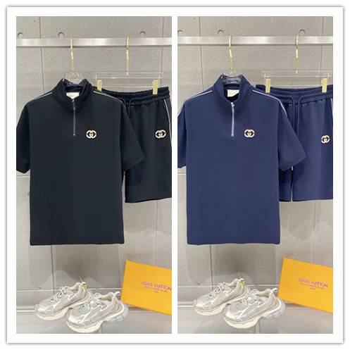 Gucci 26SS Classic Embroidered Logo Casual Half Zipper Short Sleeve Set