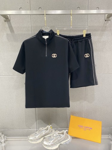 Gucci 26SS Classic Embroidered Logo Casual Half Zipper Short Sleeve Set
