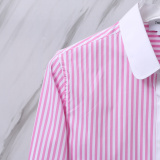 Thom Browne Women's Fashion Pink Stripe Short Open Umbilical Long Sleeve Shirt