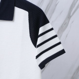 Thom Browne Unisex Classic Four Bar Splicing Knitted Short Sleeve Polo Shirt