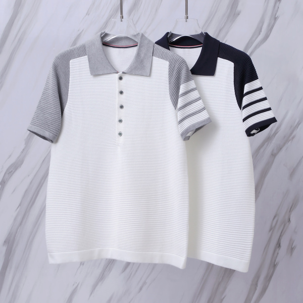 Thom Browne Unisex Classic Four Bar Splicing Knitted Short Sleeve Polo Shirt