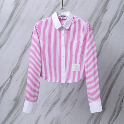 Thom Browne Women's Fashion Pink Stripe Short Open Umbilical Long Sleeve Shirt