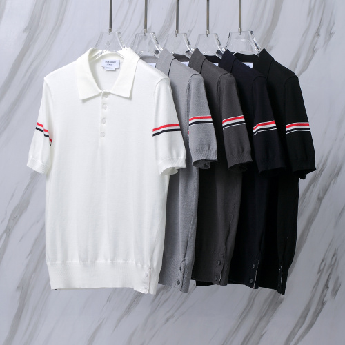 Thom Browne Unisex Classic Tri Color Jacquard Ice Silk Knitted Polo Shirt