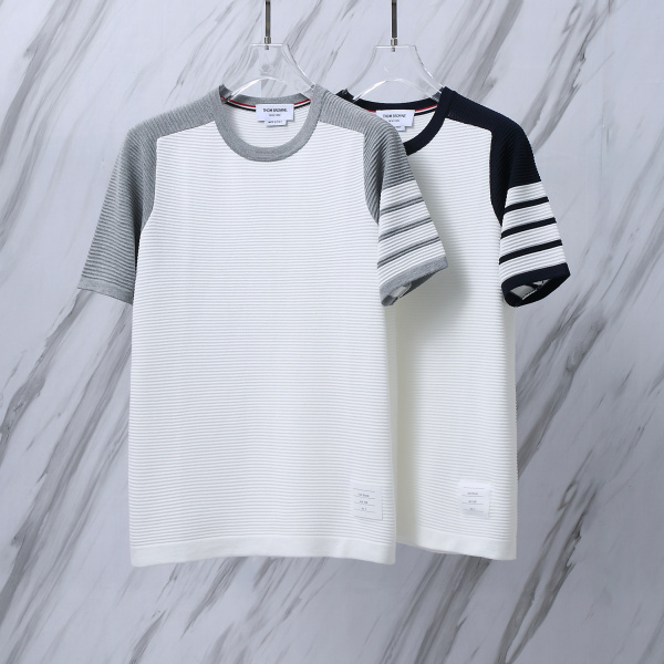 Thom Browne Classic Four Bar Splicing Water Ripple Short Sleeve Unisex Casual Versatile T-shirt