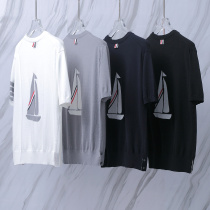 Thom Browne Unisex Classic Four Bar Sailing Jacquard Round Neck Knitted Short Sleeve Thom Browne Unisex Classic Four Bar Sailing Jacquard Round Neck Knitted Short Sleeve