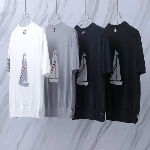 Thom Browne Unisex Classic Four Bar Sailing Jacquard Round Neck Knitted Short Sleeve