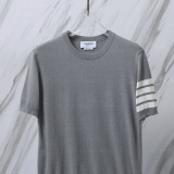 Thom Browne Couple Classic Four Bar Jacquard Knitted Round Neck Short Sleeve