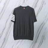 Thom Browne Couple Classic Four Bar Jacquard Knitted Round Neck Short Sleeve