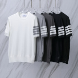 Thom Browne Couple Classic Four Bar Jacquard Knitted Round Neck Short Sleeve