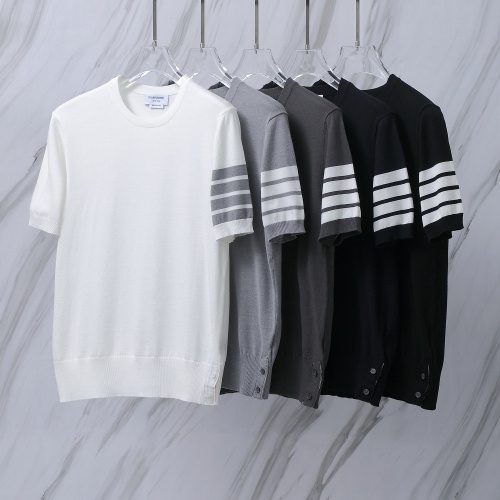 Thom Browne Couple Classic Four Bar Jacquard Knitted Round Neck Short Sleeve