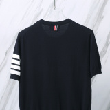Thom Browne Couple Classic Four Bar Jacquard Knitted Round Neck Short Sleeve