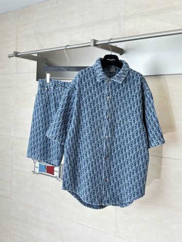 Dior 26SS Couple Fashion Full Logo Denim Short sleeved Shirt Shorts