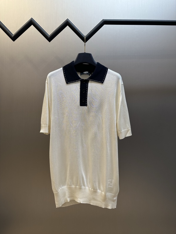 Fendi Unisex Fashion Color blocked Collar Knitted Short Sleeve Polo Shirt