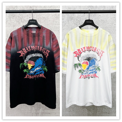 Balenciaga 26SS Fashion Hawaiian Tie Printed Short Sleeve Couple Casual Loose T-shirt