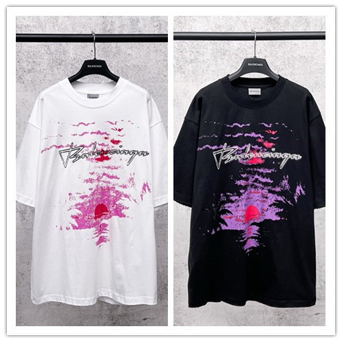 Balenciaga 26SS Fashion Sunset Logo Printed Short Sleeve Unisex Casual Versatile T-shirt