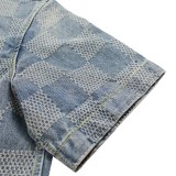 Louis Vuitton Fashion 3D Checkered Washed Casual Versatile Denim Shirt