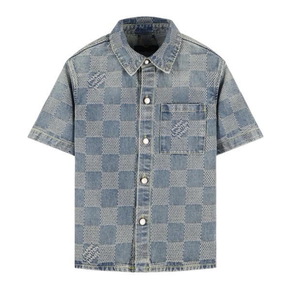 Louis Vuitton Fashion 3D Checkered Washed Casual Versatile Denim Shirt